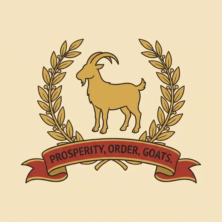 The coat of arms of Kazaria: a golden goat inside a laurel wreath, over a red banner that reads Prosperity, Order, Goats.