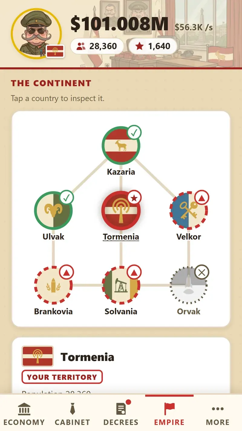 The Continent tab: a map of seven countries joined by lines, with Kazaria and Ulvak already conquered, and the card of Tormenia, the current territory.