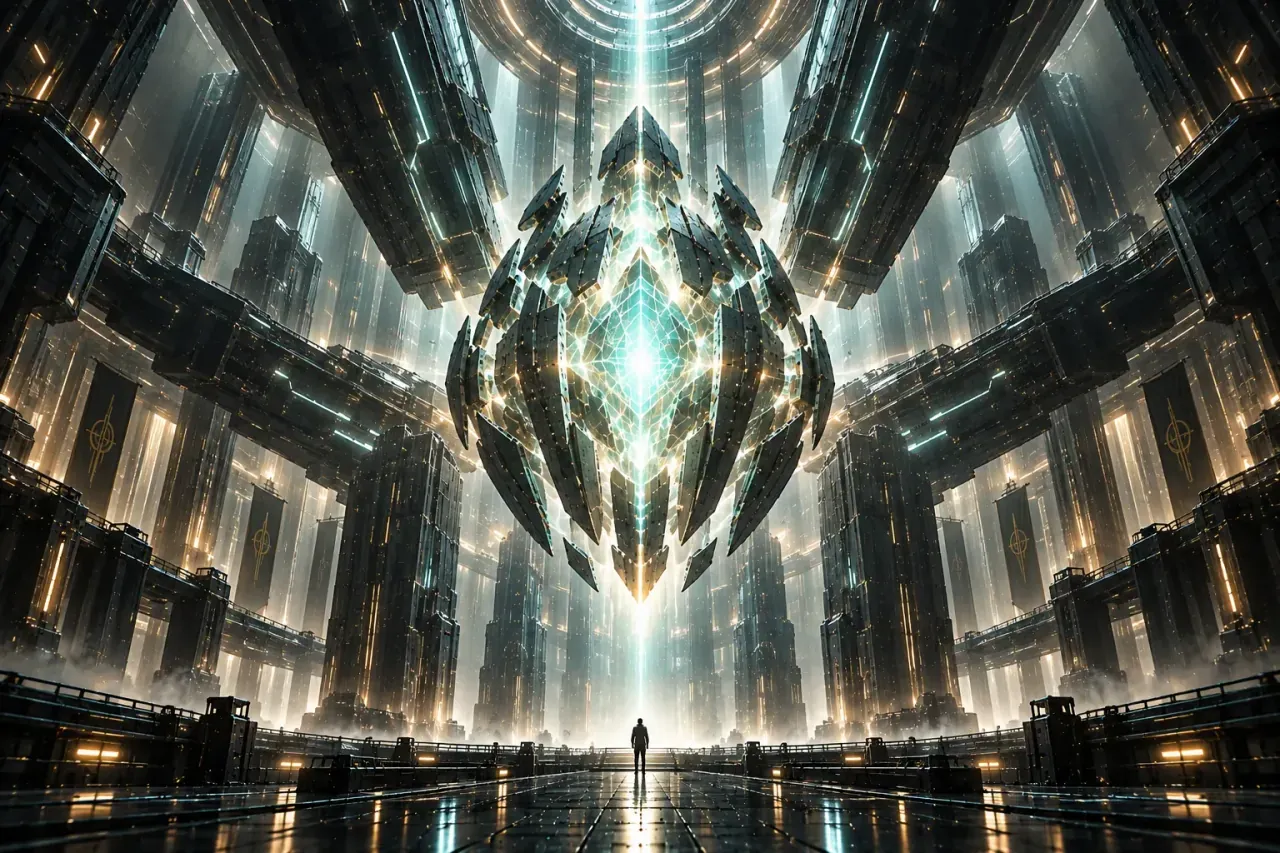 The Singularity in Alignment Drift: a giant crystalline AI core glowing at the centre of a cathedral of machines, with a single human figure standing on the floor below it.