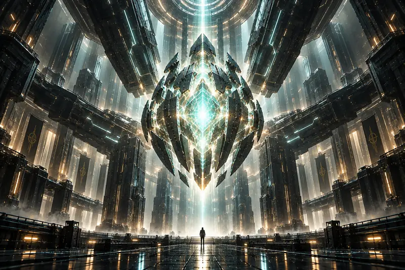 A giant crystalline AI core glowing teal at the centre of a dark cathedral of machines, with a single human figure standing on the floor below it.