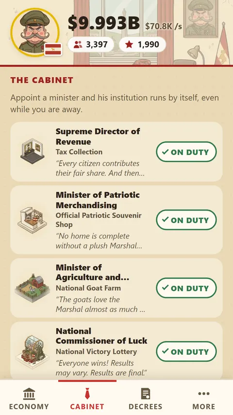 The Cabinet tab: a list of ministers on duty, each with their institution and a line in quotes, starting with the Supreme Director of Revenue for Tax Collection.