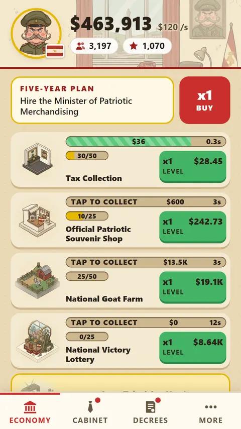 The Economy tab: the Marshal's portrait and the treasury at the top, a five-year plan goal, and the first institutions, from Tax Collection to the National Victory Lottery, each with its level and an upgrade button.
