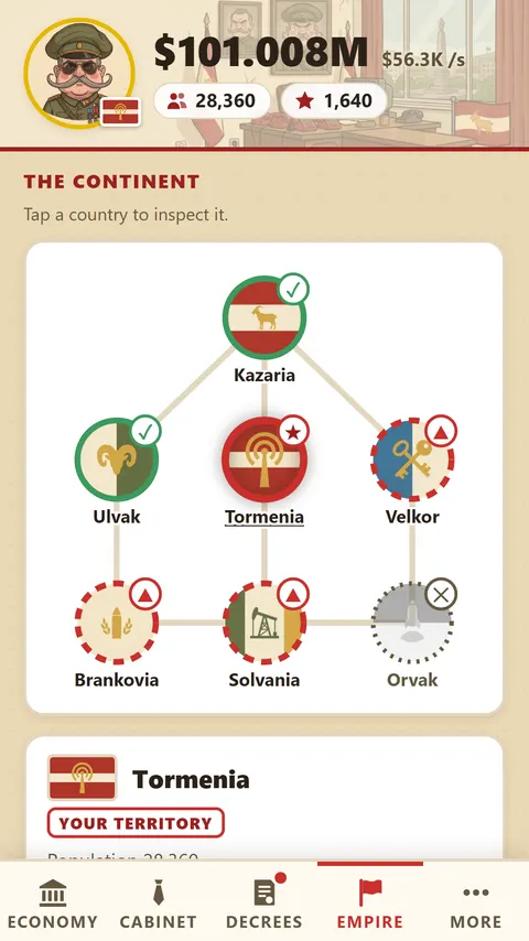 The Continent tab: a map of seven countries joined by lines, with Kazaria and Ulvak already conquered, and the card of Tormenia, the current territory.