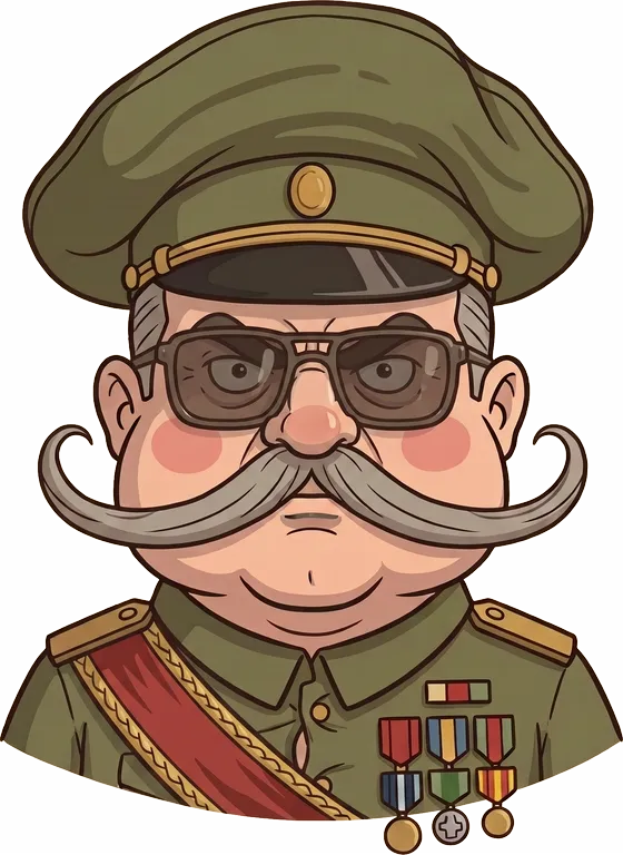 Marshal Vorlan: a green military cap with a golden badge, dark sunglasses, rosy cheeks, an enormous curled grey moustache, a red sash with golden braid, golden epaulettes and a row of medals.